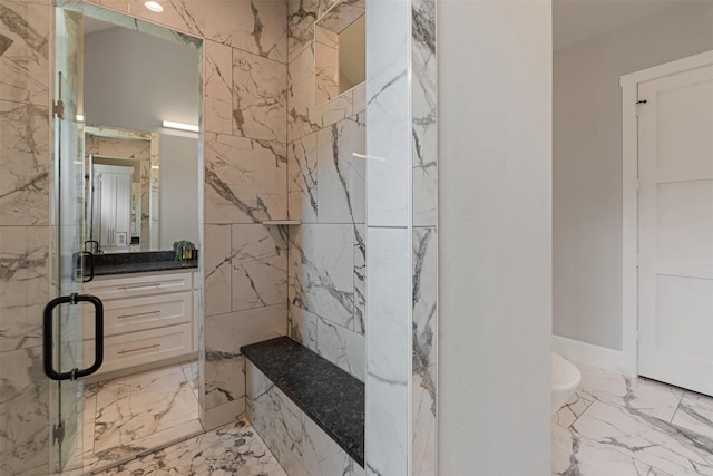 18280 Red Oak Dr, Mabank, TX 75156 - bathroom with marble tiled flooring, a marble finish shower, and vanity