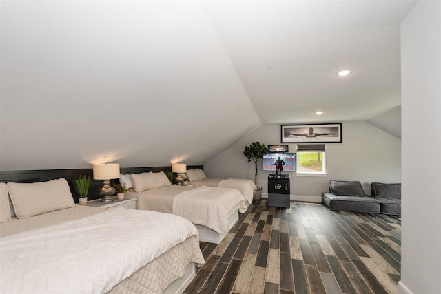 18280 Red Oak Dr, Mabank, TX 75156 - bedroom featuring baseboards, dark wood-style floors, lofted ceiling, and recessed lighting