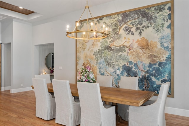 18280 Red Oak Dr, Mabank, TX 75156 - dining room featuring baseboards, a chandelier, wood finished floors, recessed lighting, and a tray ceiling