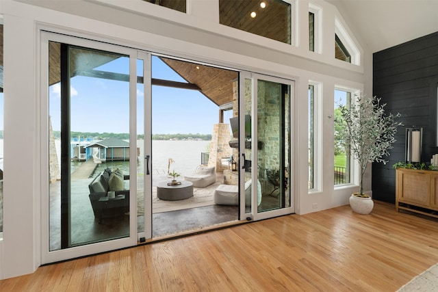 18280 Red Oak Dr, Mabank, TX 75156 - entryway with wood finished floors, a water view, and high vaulted ceiling