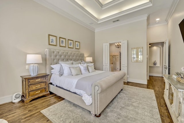 1516 Byron Nelson Pkwy, Southlake, TX 76092 - bedroom with ornamental molding, wood finished floors, baseboards, a chandelier, and a raised ceiling