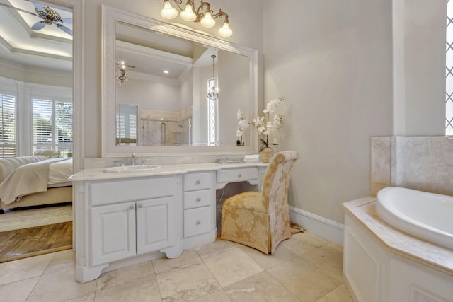1516 Byron Nelson Pkwy, Southlake, TX 76092 - bathroom featuring ornamental molding, vanity, a bath, a shower with shower door, and a ceiling fan