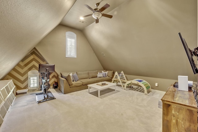 1516 Byron Nelson Pkwy, Southlake, TX 76092 - living room featuring ceiling fan, vaulted ceiling, baseboards, carpet flooring, and a textured ceiling