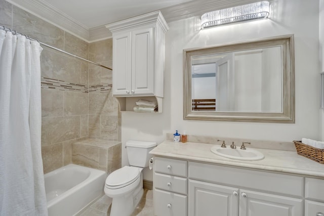 1516 Byron Nelson Pkwy, Southlake, TX 76092 - bathroom featuring vanity, toilet, shower / bathtub combination with curtain, and crown molding