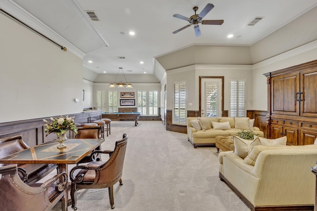 1516 Byron Nelson Pkwy, Southlake, TX 76092 - living room featuring light carpet, wainscoting, crown molding, billiards, and ceiling fan
