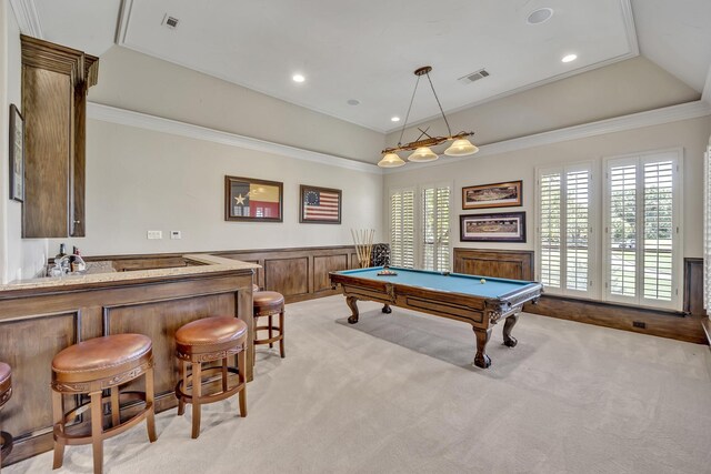 1516 Byron Nelson Pkwy, Southlake, TX 76092 - recreation room featuring billiards, a wainscoted wall, light colored carpet, a dry bar, and crown molding