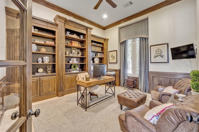 1516 Byron Nelson Pkwy, Southlake, TX 76092 - office featuring a ceiling fan, wainscoting, crown molding, and light colored carpet