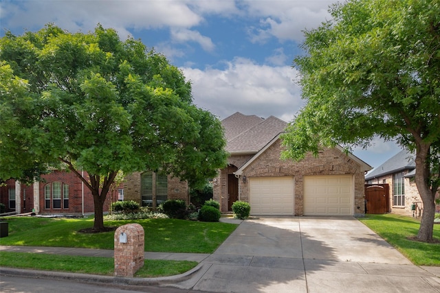 2636 Deer Hollow Dr, Little Elm, TX 75068 - view of front of property featuring a garage, a front yard, concrete driveway, brick siding, and roof with shingles