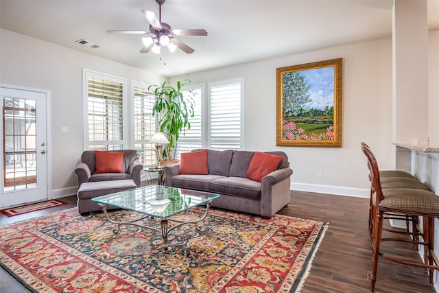 2636 Deer Hollow Dr, Little Elm, TX 75068 - living room featuring ceiling fan and dark wood-style floors