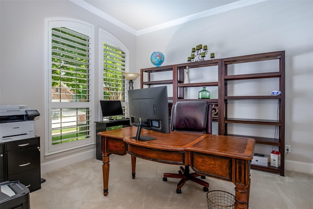 2636 Deer Hollow Dr, Little Elm, TX 75068 - office area with crown molding, healthy amount of natural light, baseboards, and light colored carpet