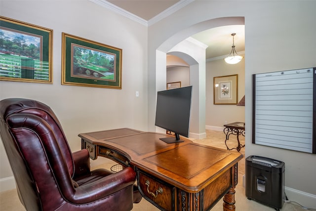 2636 Deer Hollow Dr, Little Elm, TX 75068 - home office with crown molding, arched walkways, and baseboards