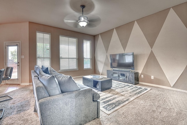6939 Truth Dr, Dallas, TX 75236 - carpeted living area featuring ceiling fan and baseboards
