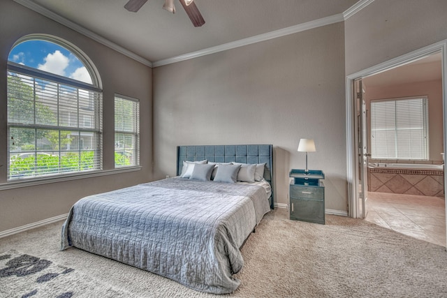 6939 Truth Dr, Dallas, TX 75236 - bedroom with carpet flooring, crown molding, baseboards, ceiling fan, and ensuite bathroom