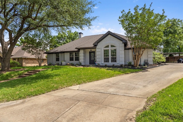 517 Sunset Dr, Hurst, TX 76054 - view of front of home featuring brick siding, a chimney, a front yard, and a tile roof