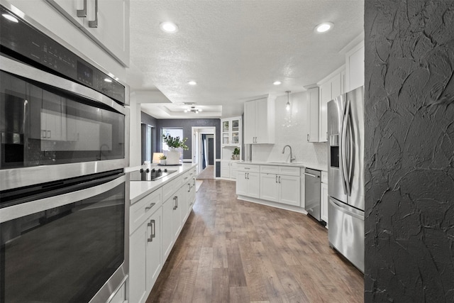 517 Sunset Dr, Hurst, TX 76054 - kitchen featuring appliances with stainless steel finishes, a textured ceiling, light countertops, white cabinetry, and wood finished floors