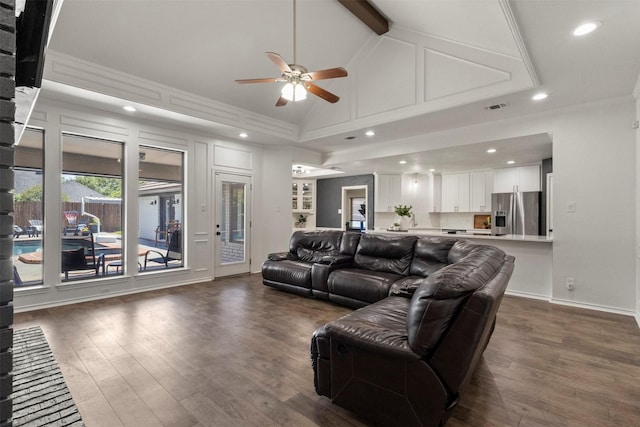 517 Sunset Dr, Hurst, TX 76054 - living room with a ceiling fan, crown molding, high vaulted ceiling, dark wood-style floors, and recessed lighting