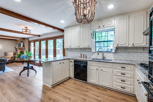 1913 Windlea Dr, Euless, TX 76040 - kitchen with a sink, dishwasher, a peninsula, a chandelier, and beamed ceiling