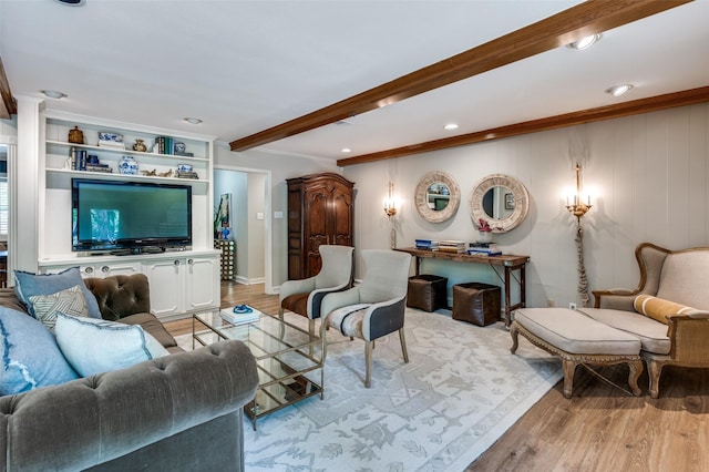 1913 Windlea Dr, Euless, TX 76040 - living room featuring wood finished floors, ornamental molding, beamed ceiling, recessed lighting, and baseboards