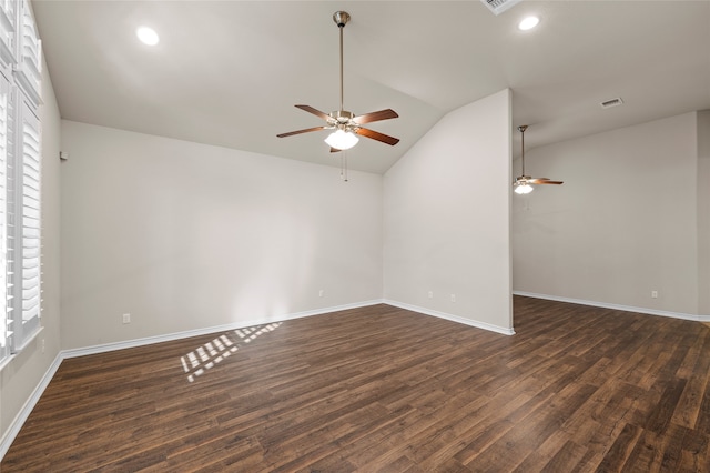 5505 Wisdom Ct, Waco, TX 76708 - unfurnished room featuring ceiling fan, lofted ceiling, dark wood-style flooring, baseboards, and recessed lighting