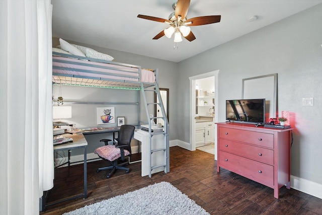 1208 Chandler Cir, Prosper, TX 75078 - bedroom with wood finished floors, a desk, ceiling fan, and connected bathroom