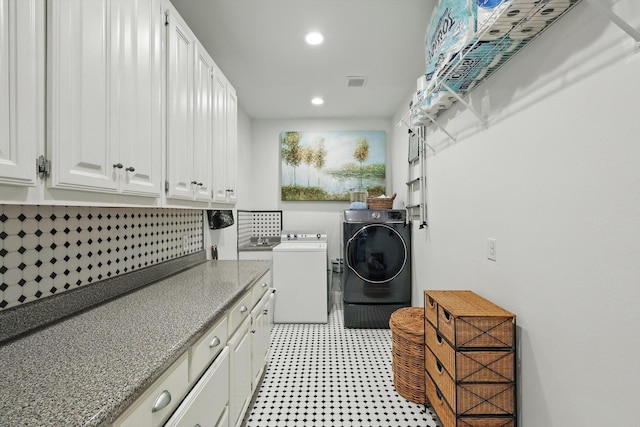 1208 Chandler Cir, Prosper, TX 75078 - laundry room with separate washer and dryer, cabinet space, recessed lighting, and light flooring