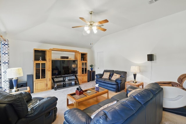 9829 Stoney Bridge Rd, Fort Worth, TX 76108 - living room featuring lofted ceiling, light carpet, and a ceiling fan