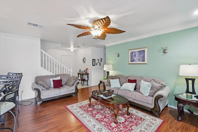 9829 Stoney Bridge Rd, Fort Worth, TX 76108 - living area featuring stairway, a ceiling fan, wood finished floors, and ornamental molding