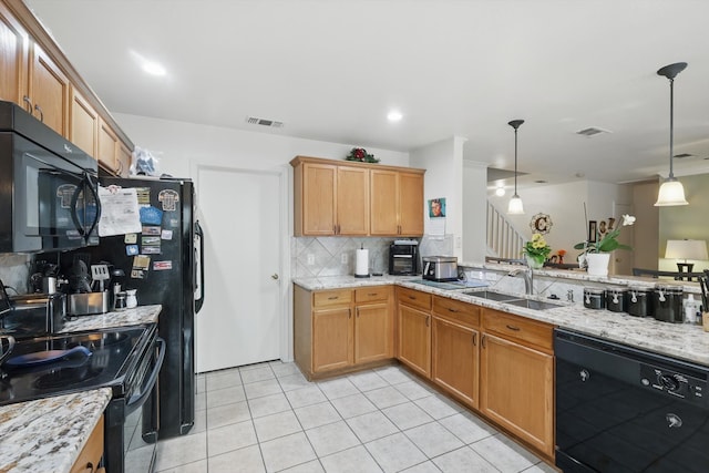 9829 Stoney Bridge Rd, Fort Worth, TX 76108 - kitchen with black appliances, a sink, decorative backsplash, light tile patterned flooring, and light stone counters