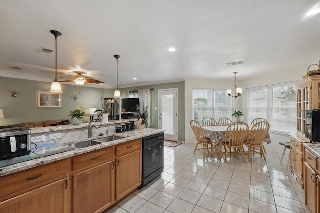 9829 Stoney Bridge Rd, Fort Worth, TX 76108 - kitchen with dishwasher, a sink, open floor plan, pendant lighting, and light tile patterned floors