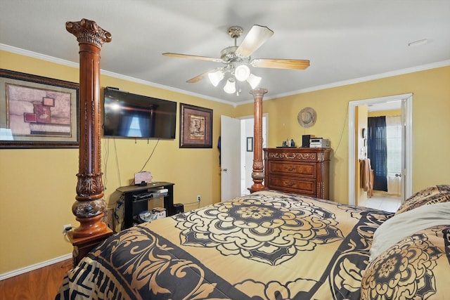 9829 Stoney Bridge Rd, Fort Worth, TX 76108 - bedroom featuring ornamental molding, wood finished floors, a ceiling fan, and baseboards