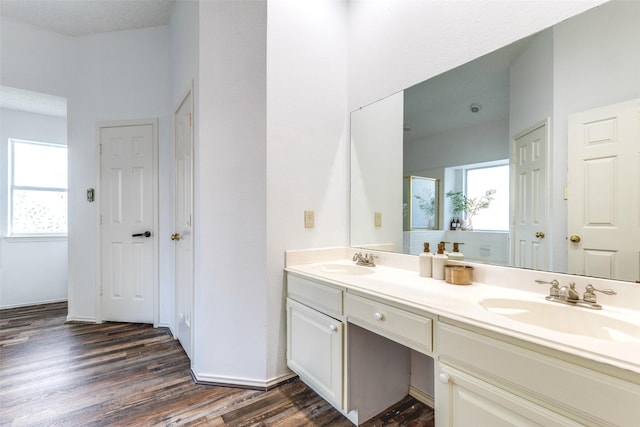 1104 Bayshore St, Allen, TX 75002 - bathroom with double vanity, healthy amount of natural light, and wood finished floors