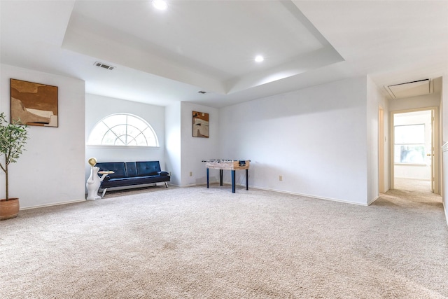 1104 Bayshore St, Allen, TX 75002 - sitting room featuring a tray ceiling, carpet flooring, attic access, recessed lighting, and baseboards