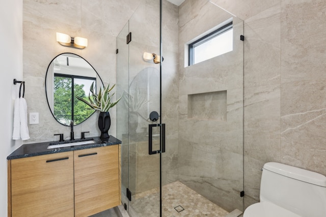 2031 Cullen Ave, Dallas, TX 75206 - bathroom with toilet, vanity, a stall shower, healthy amount of natural light, and tile walls