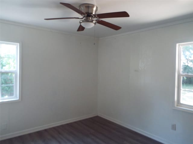 337 W Coral Way, Grand Prairie, TX 75051 - empty room with dark wood-style flooring, ornamental molding, ceiling fan, and baseboards