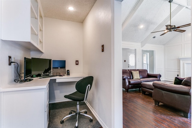 2831 Creekwood Ct, Grapevine, TX 76051 - office area featuring built in study area, a textured ceiling, ceiling fan, dark wood-type flooring, and recessed lighting