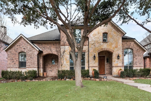 1542 Sandia Ln, Frisco, TX 75033 - french country home featuring a front yard, brick siding, roof with shingles, and stone siding