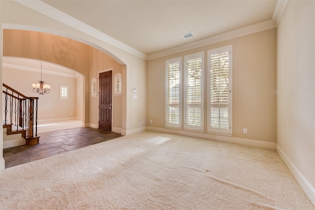 1542 Sandia Ln, Frisco, TX 75033 - carpeted spare room featuring a chandelier, ornamental molding, healthy amount of natural light, stairway, and arched walkways