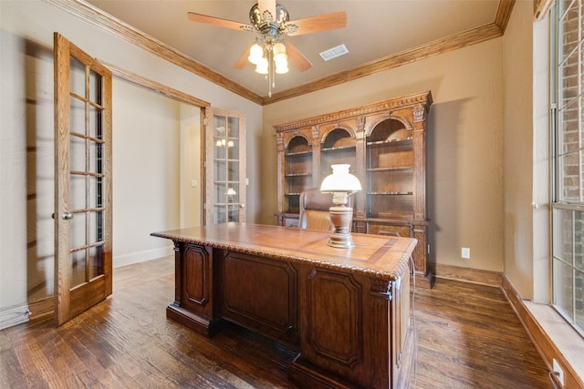 1542 Sandia Ln, Frisco, TX 75033 - office space with ceiling fan, french doors, dark wood-style floors, and crown molding