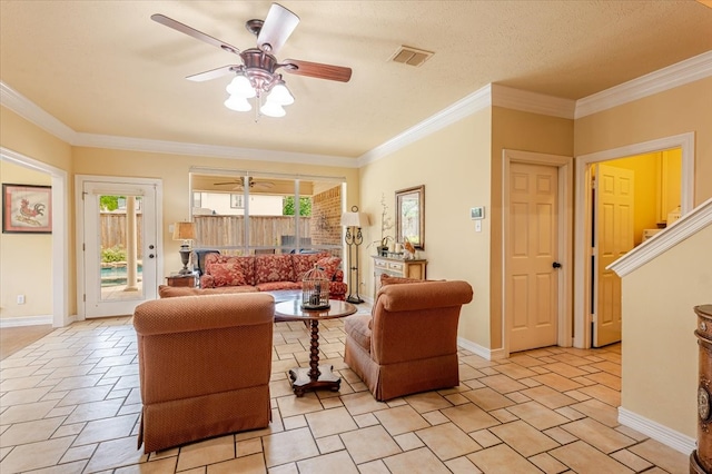6717 Savannah Ln, Fort Worth, TX 76132 - living area with ceiling fan, plenty of natural light, ornamental molding, baseboards, and stairs