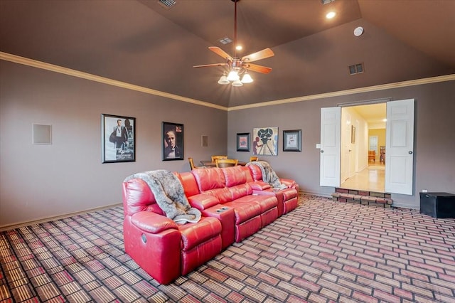 6717 Savannah Ln, Fort Worth, TX 76132 - cinema featuring a ceiling fan, crown molding, lofted ceiling, and baseboards