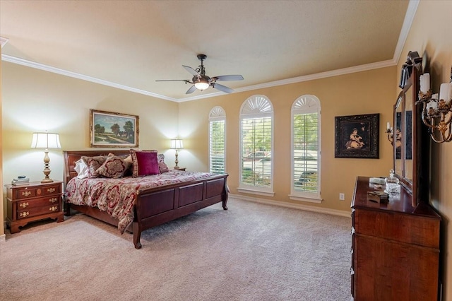 6717 Savannah Ln, Fort Worth, TX 76132 - bedroom featuring light colored carpet, ornamental molding, baseboards, and ceiling fan
