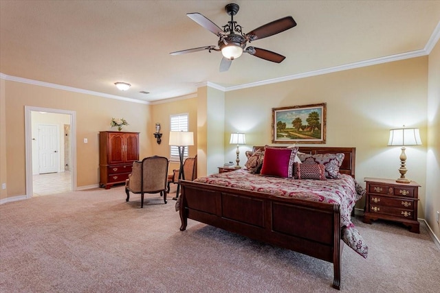 6717 Savannah Ln, Fort Worth, TX 76132 - bedroom with light carpet, ornamental molding, baseboards, and a ceiling fan