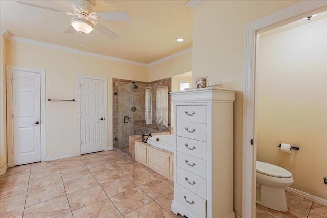 6717 Savannah Ln, Fort Worth, TX 76132 - bathroom featuring a shower stall, a bath, ornamental molding, a ceiling fan, and toilet