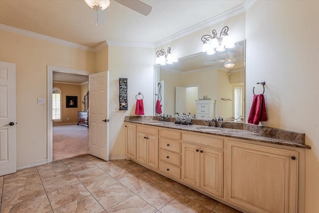 6717 Savannah Ln, Fort Worth, TX 76132 - full bathroom with ceiling fan, double vanity, crown molding, and baseboards