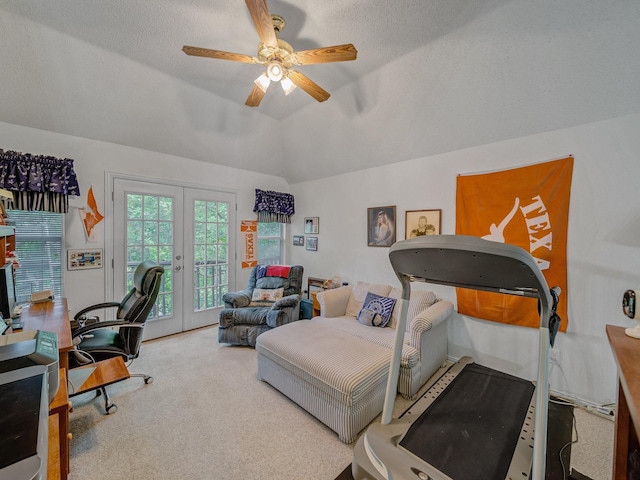 525 Sir Roland Dr, Grand Prairie, TX 75052 - carpeted bedroom featuring french doors, an office area, access to exterior, lofted ceiling, and a ceiling fan