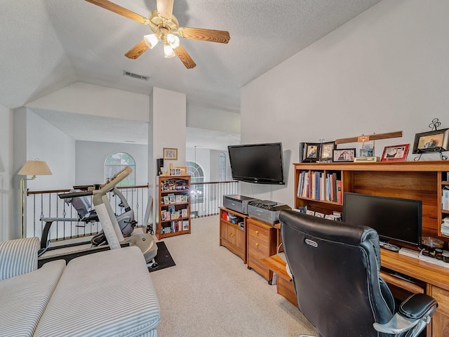 525 Sir Roland Dr, Grand Prairie, TX 75052 - office area with ceiling fan, light carpet, vaulted ceiling, and a textured ceiling