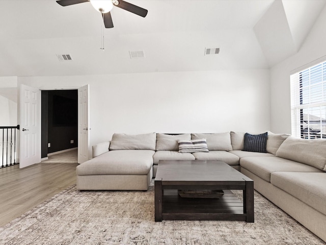 2231 Cold Water Dr, Prosper, TX 75078 - living area featuring vaulted ceiling, wood finished floors, and a ceiling fan