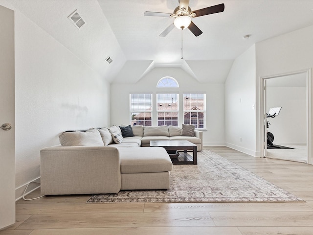 2231 Cold Water Dr, Prosper, TX 75078 - living area featuring ceiling fan, wood finished floors, baseboards, and vaulted ceiling