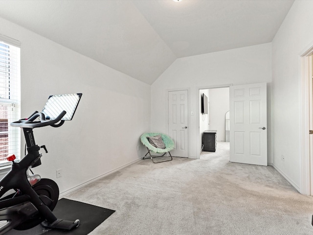 2231 Cold Water Dr, Prosper, TX 75078 - workout area featuring carpet floors, lofted ceiling, and baseboards