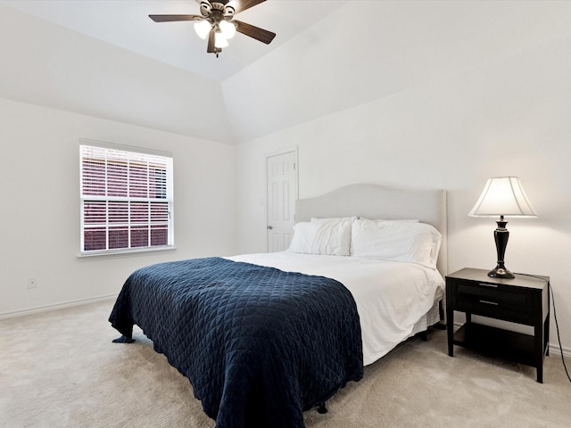 2231 Cold Water Dr, Prosper, TX 75078 - bedroom with light carpet, lofted ceiling, baseboards, and a ceiling fan